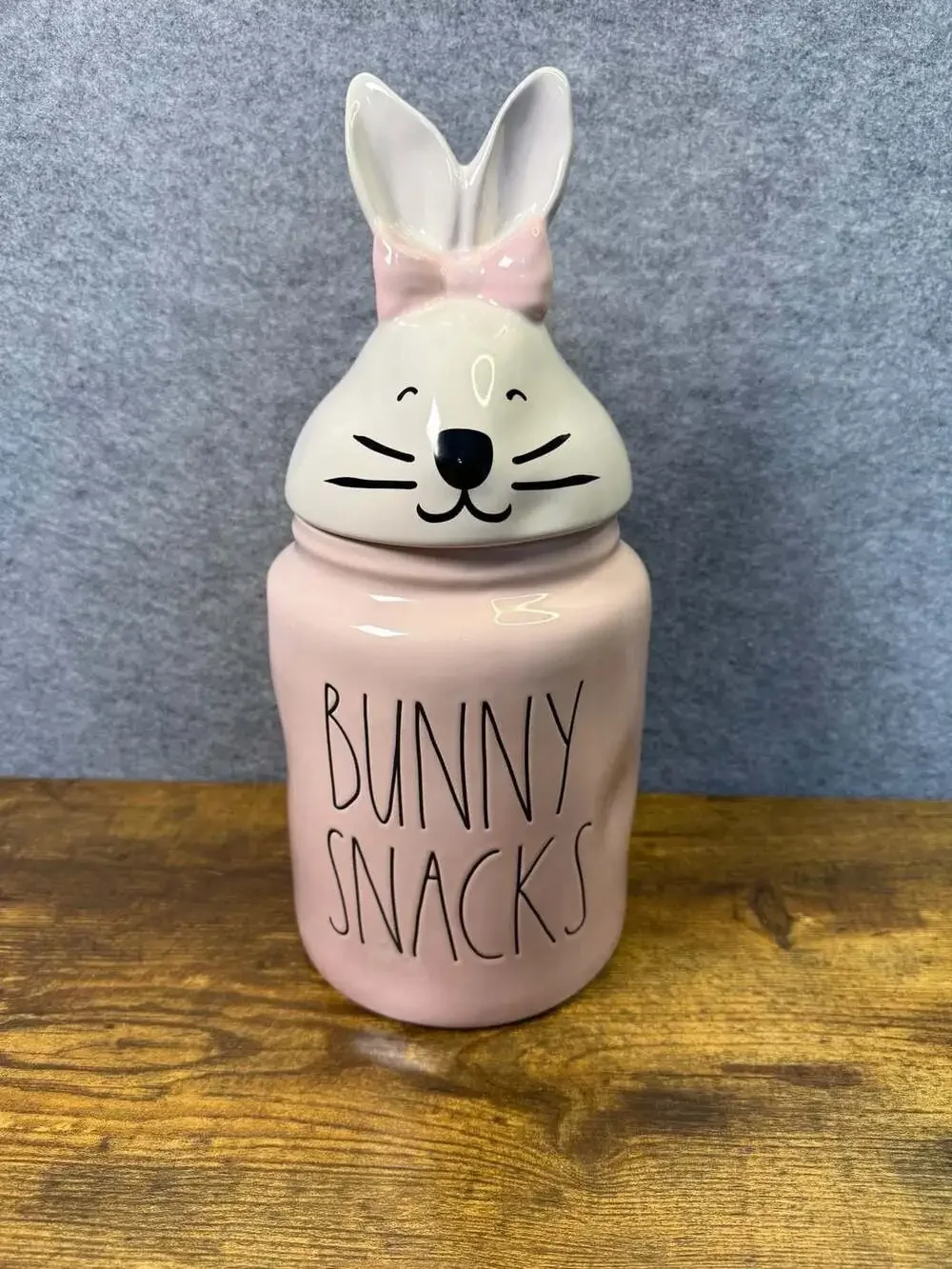 Rae Dunn Artisan Collection BUNNY SNACKS Pink Ceramic Cookie Jar with Bunny Head